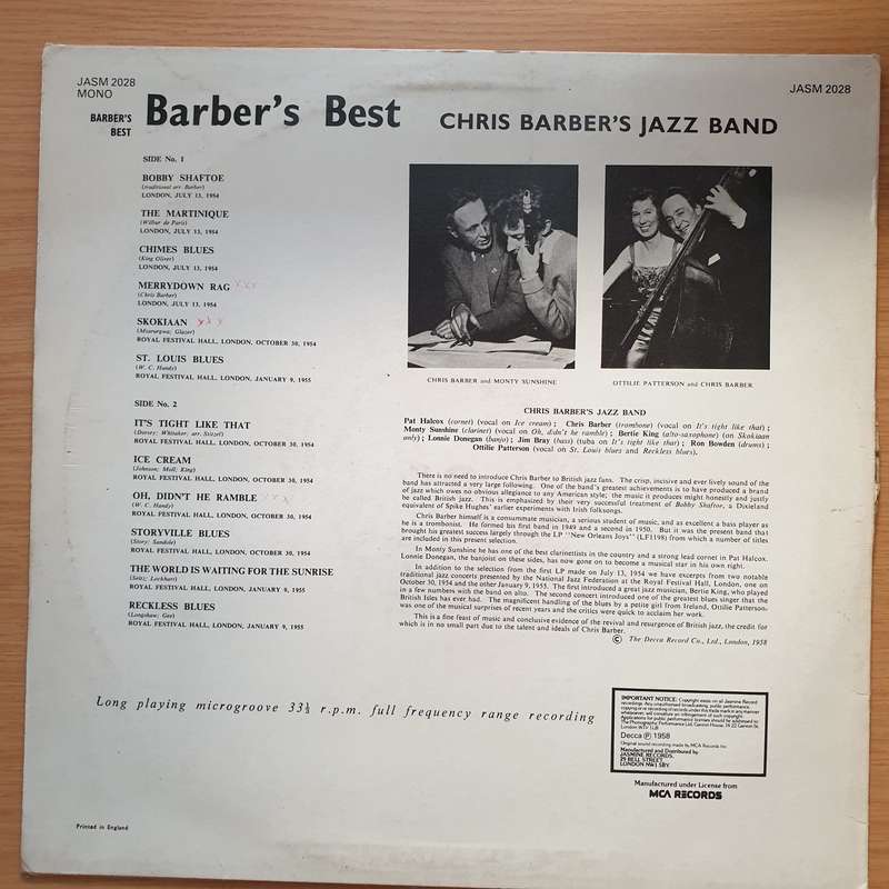 Chris Barber's Jazz Band  Barber's Best-  Vinyl LP Record - Very-Good Quality (VG) (verygood)