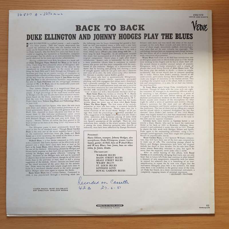 Duke Ellington & Johnny Hodges  Back To Back (Duke Ellington And Johnny Hodges Play The Blues)...