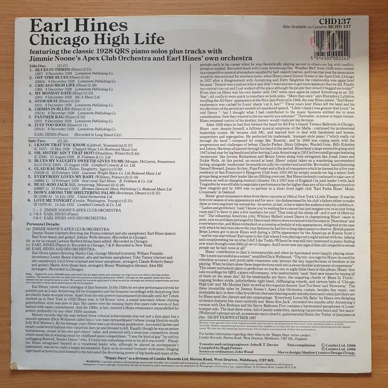 Earl Hines  Chicago High Life - Vinyl LP Record - Very-Good+ Quality (VG+) (verygoodplus)