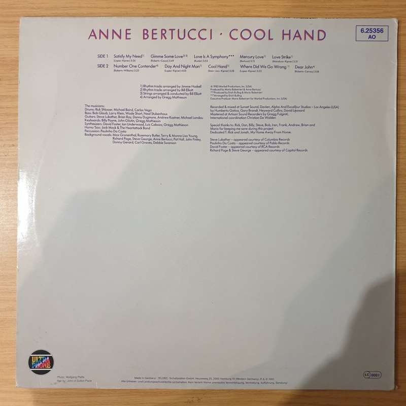 Anne Bertucci  Cool Hand - DMM (Direct Metal Mastering) - Vinyl LP Record - Very-Good+ Quality...