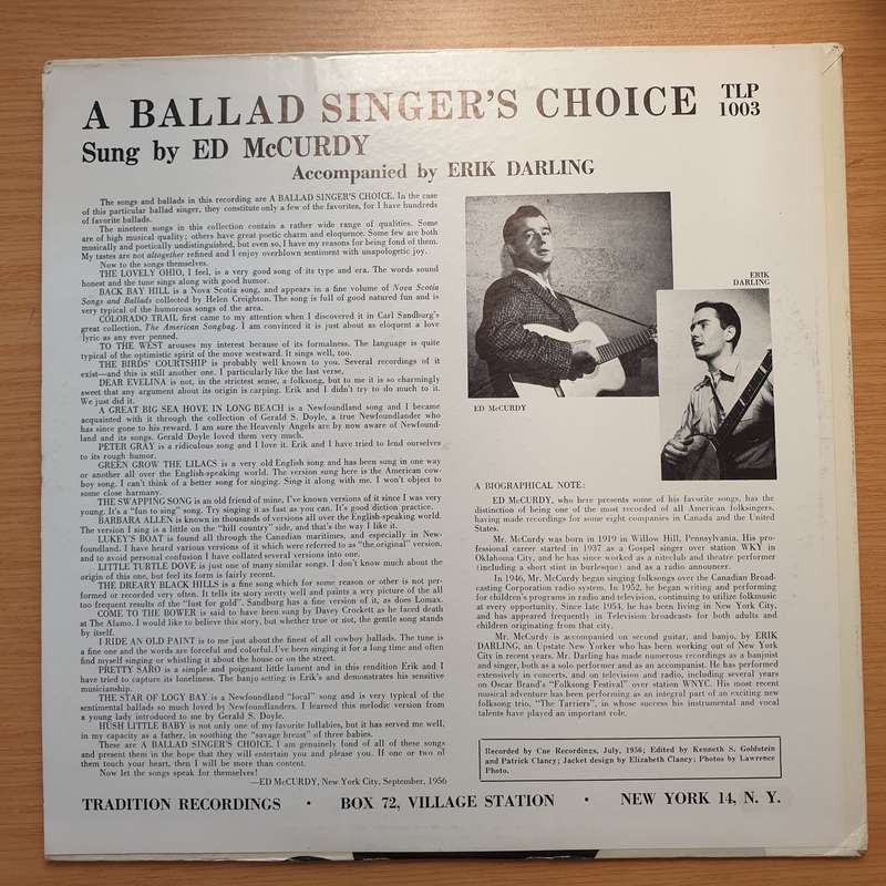 Ed McCurdy  A Ballad Singer's Choice - Vinyl LP Record - Very-Good+ Quality (VG+) (verygoodplus)