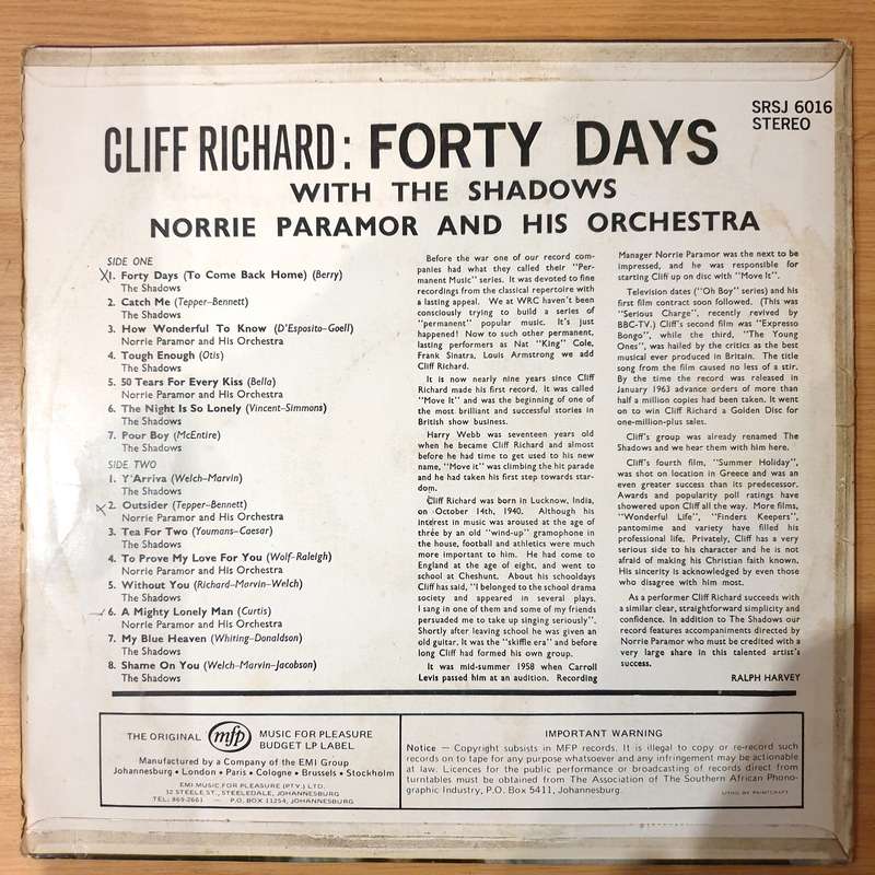 Cliff Richards - Forty Days - Vinyl LP Record - Opened  - Very-Good Quality (VG)