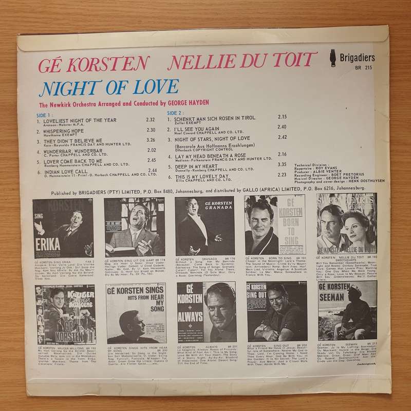 Gé Korsten, Nellie du Toit  Night Of Love - Vinyl LP Record - Very-Good+ Quality (VG+) (veryg...