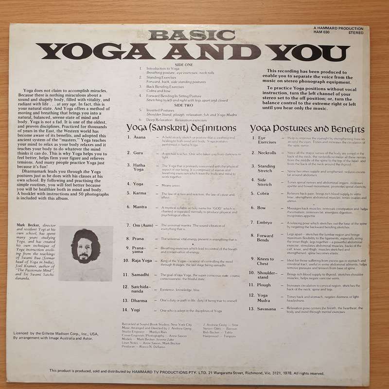 Mark Becker  Basic Yoga And You with Booklet - Vocal Instruction to Indian Music  Vinyl LP ...