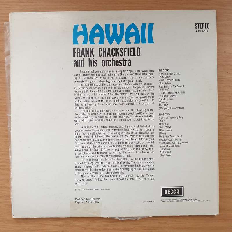 Frank Chacksfield and His Orchestra - Hawaii    Vinyl LP Record - Very-Good Quality (VG)  (verry)