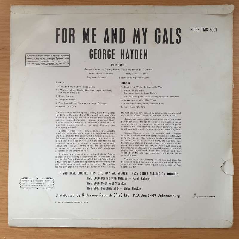George Hayden - For Me and My Gal (Rare SA)  - Vinyl LP Record - Very-Good+ Quality (VG+)