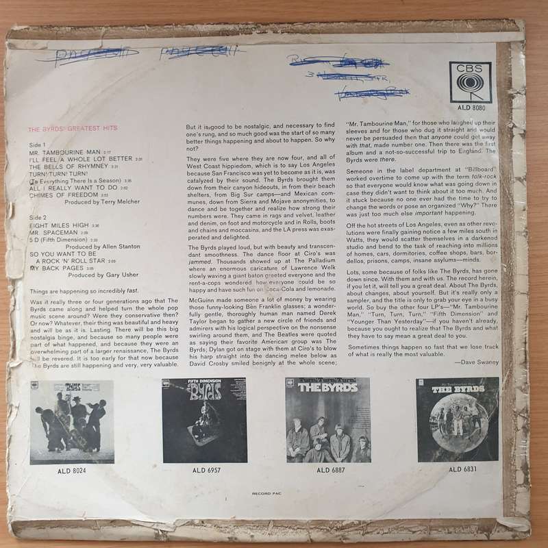 The Byrds  Greatest Hits - Vinyl LP Record  - Good Quality (G) (goood)