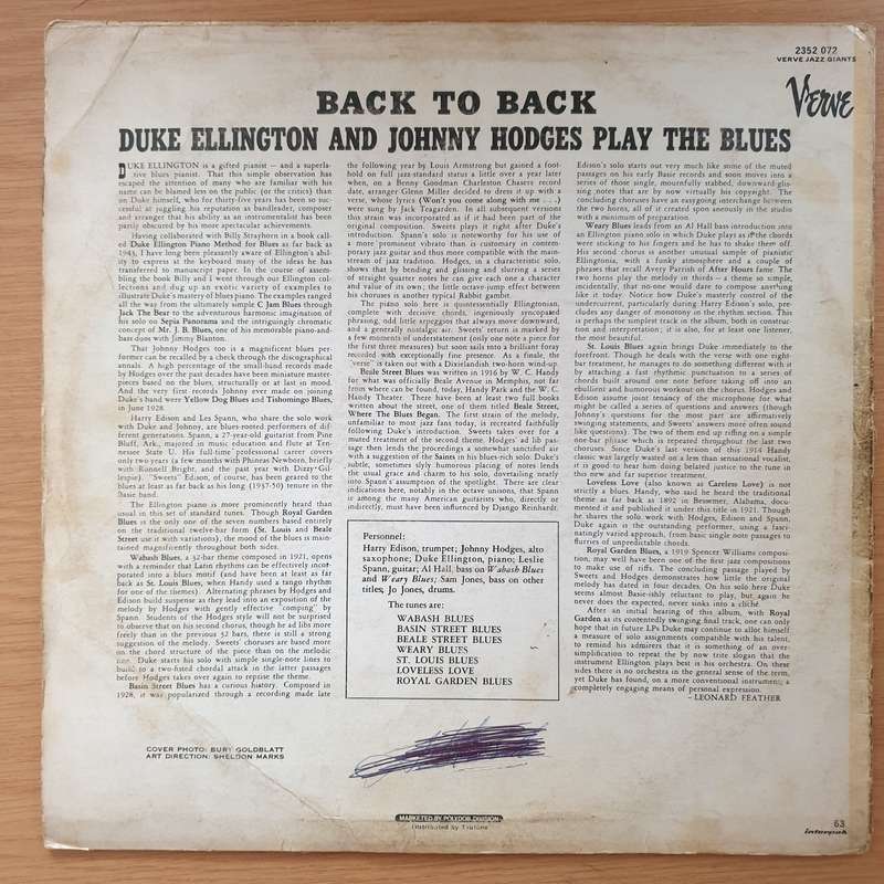 Back To Back - Duke Ellington And Johnny Hodges Play The Blues - Vinyl LP Record - Good+ Quality ...