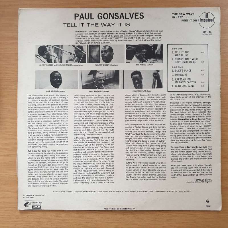 Paul Gonsalves  Tell It The Way It Is! (GSL14)  - Vinyl LP Record - Very-Good+ Quality (VG+) (...
