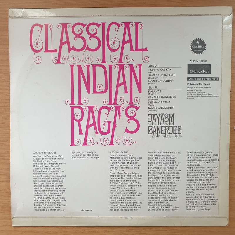 Jayasri Banerjee  Classical Indian Ragas - Vinyl LP Record - Very-Good Quality (VG)  (verry)