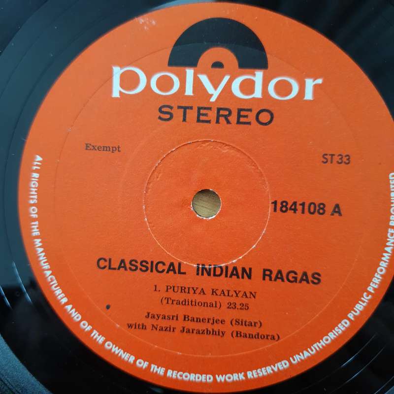 Jayasri Banerjee  Classical Indian Ragas - Vinyl LP Record - Very-Good Quality (VG)  (verry)