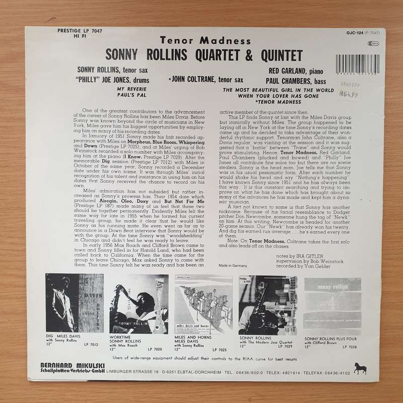 Sonny Rollins Quartet  Tenor Madness -  Vinyl LP Record - Very-Good+ Quality (VG+)