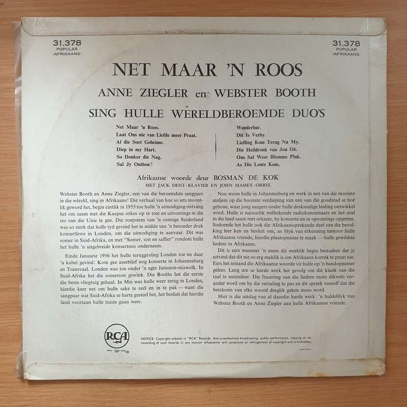 Anne Ziegler & Webster Booth - Net Maar 'n Roos - Vinyl LP Record - Very-Good+ Quality (VG+) (ver...