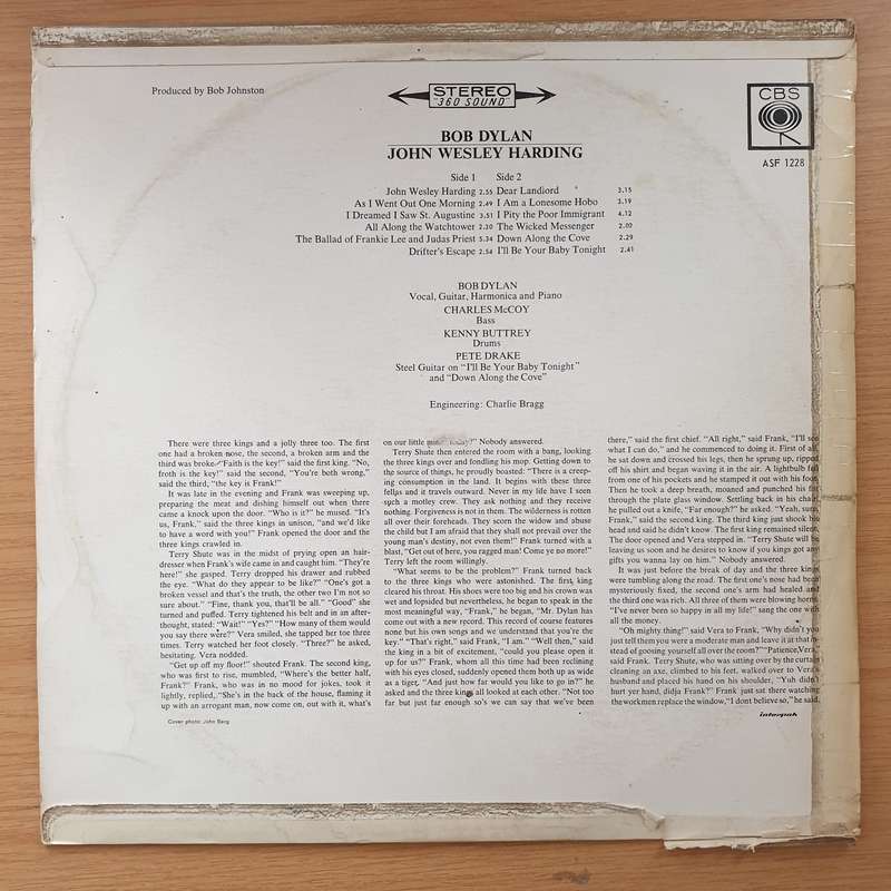 Bob Dylan  John Wesley Harding  Vinyl LP Record - Very-Good+ Quality (VG+) (verygoodplus)