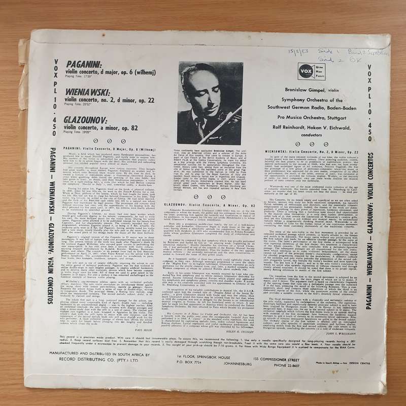 Bronislaw Gimpel, Paganini, Wieniawski, Glazunov  Violin Concerto, D Major, Op. 6 / Violin Con...