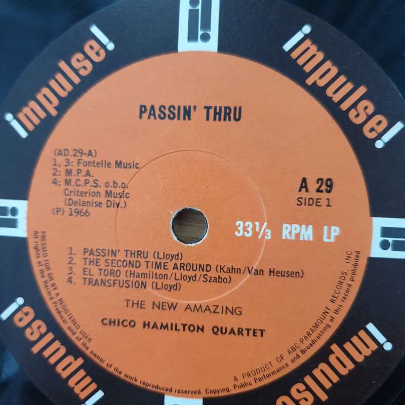 The Chico Hamilton Quintet  Passin' Thru   Vinyl LP Record - Very-Good+ Quality (VG+) (very...