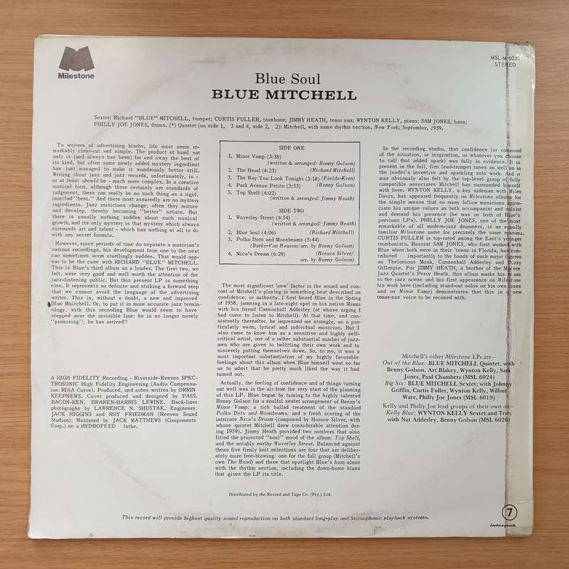 Blue Mitchell Sextet  Blue Soul  Vinyl LP Record - Very-Good+ Quality (VG+) (verygoodplus) (D)