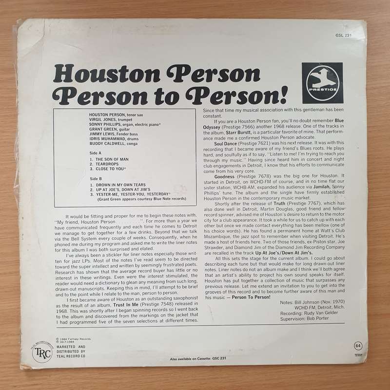 Houston Person  Person To Person! (Gold Star Series)  Vinyl LP Record - Very-Good+ Quality ...