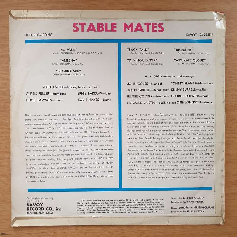Yusef Lateef, A.K. Salim  Stable Mates - Vinyl LP Record - Very-Good Quality (VG)  (verry)