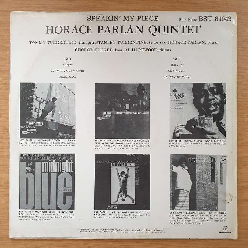 Horace Parlan Quintet  Speakin' My Piece  Vinyl LP Record - Very-Good+ Quality (VG+) (veryg...