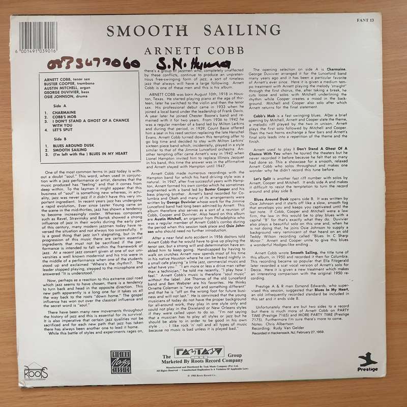Arnett Cobb  Smooth Sailing  - Vinyl LP Record - Very-Good- Quality (VG-) (minus)