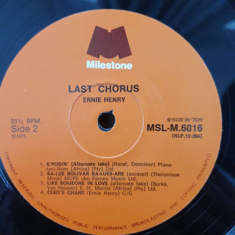 Ernie Henry  Last Chorus - Vinyl LP Record - Very-Good Quality (VG)  (verry)