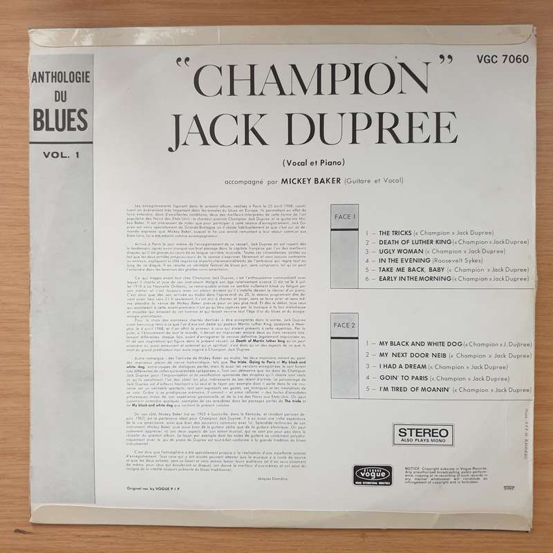 "Champion" Jack Dupree  Anthologie Du Blues  - Vinyl LP Record (VG+)