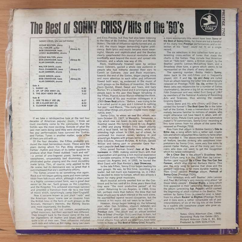 Sonny Criss  The Best Of Sonny Criss/Hits Of The '60's - Vinyl LP Record - Very-Good Quality (...