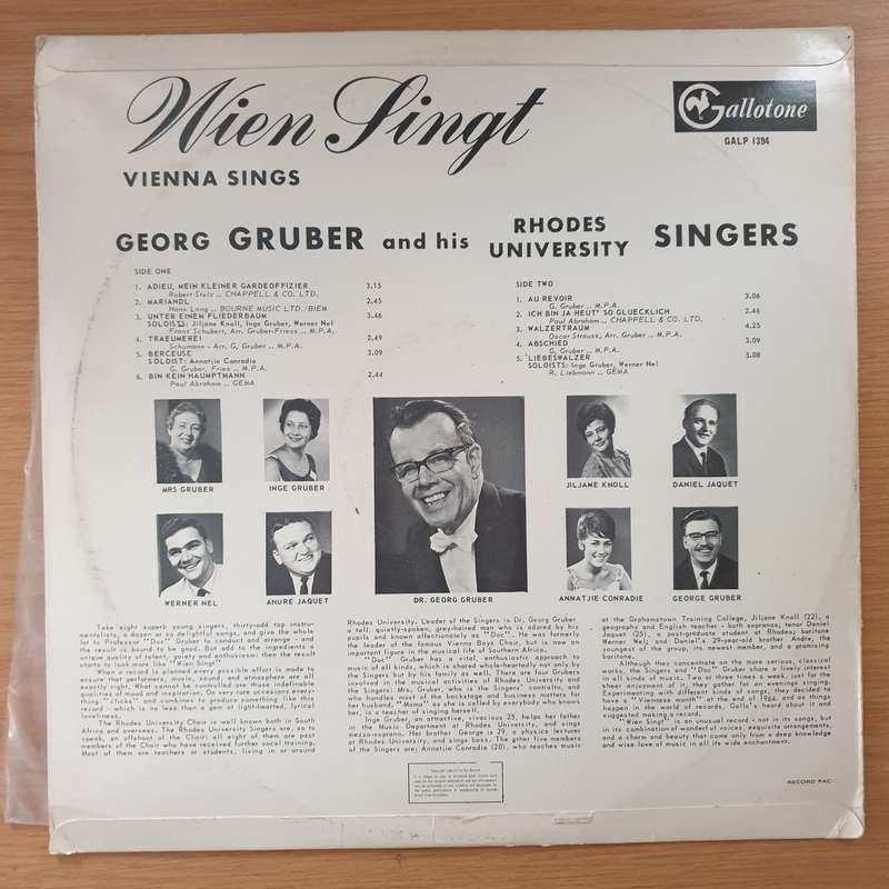 Wien Singt - Georg Gruber and his Rhodes University Singers - Grahamstown South Africa - Vinyl LP...