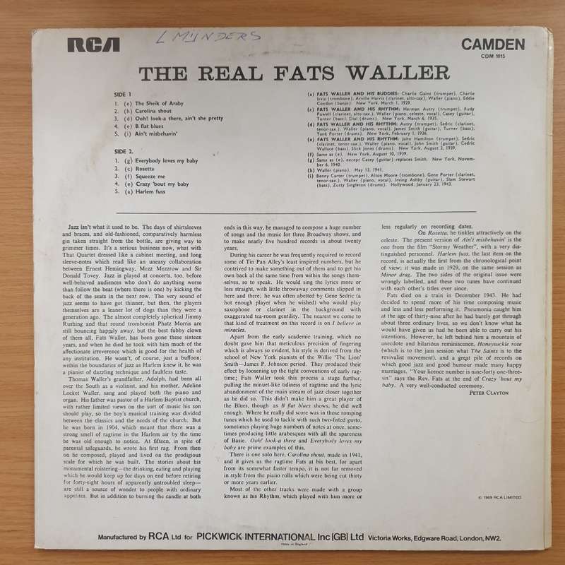 Fats Waller  The Real Fats Waller - Vinyl LP Record - Very-Good+ Quality (VG+) (verygoodplus)