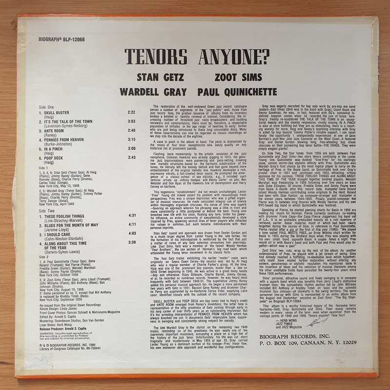 Tenors Anyone? - Stan Getz, Zoot Sims, Wardell Gray, Paul Quinichette  Vinyl LP Record - Very-...