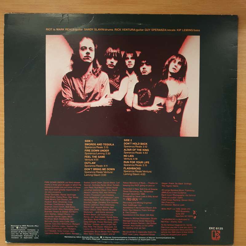 Riot  Fire Down Under  Vinyl LP Record - Very-Good+ Quality (VG+) (verygoodplus)
