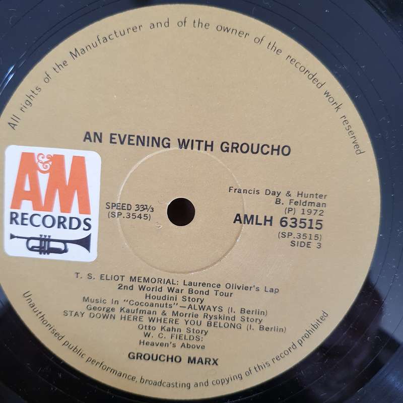 Groucho Marx  An Evening With Groucho- Vinyl LP Record - Very-Good+ Quality (VG+) (verygoodplus)