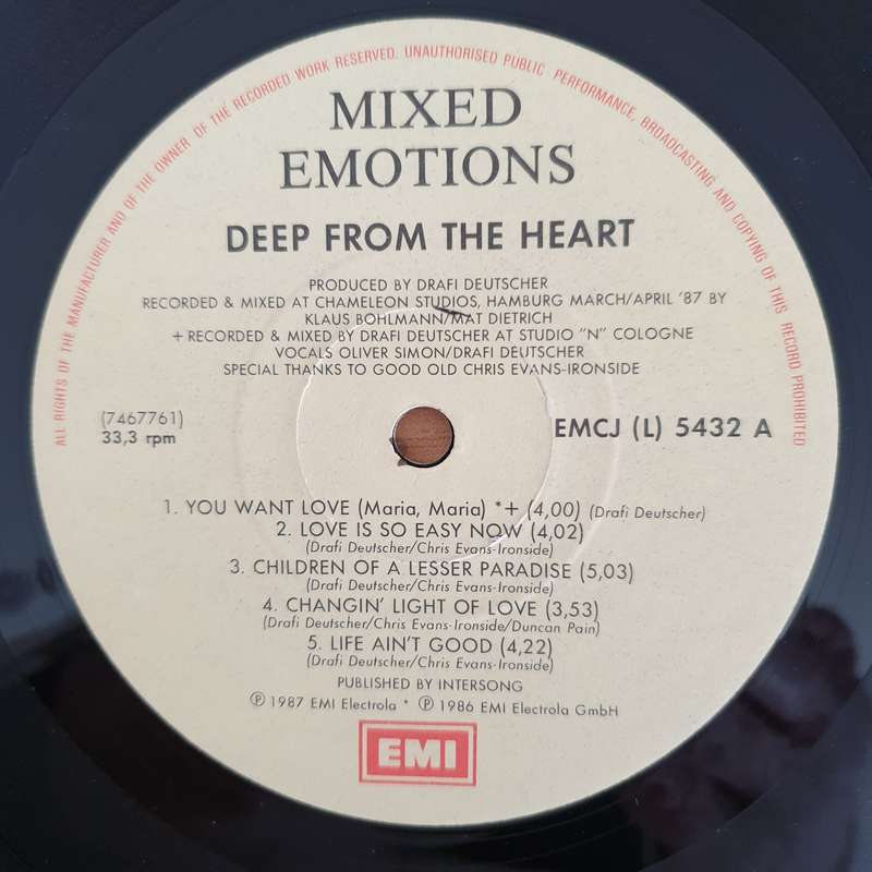 Mixed Emotions  Deep From The Heart  Vinyl LP Record - Very-Good+ Quality (VG+) (verygoodplus)