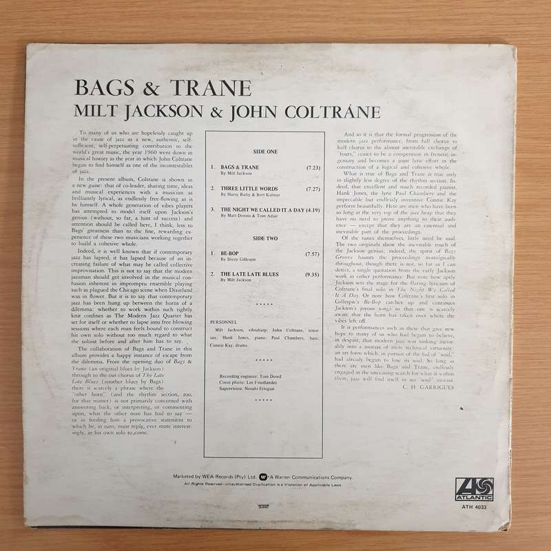 Milt Jackson & John Coltrane  Bags & Trane - Vinyl LP Record - Very-Good- Quality (VG-) (minus)