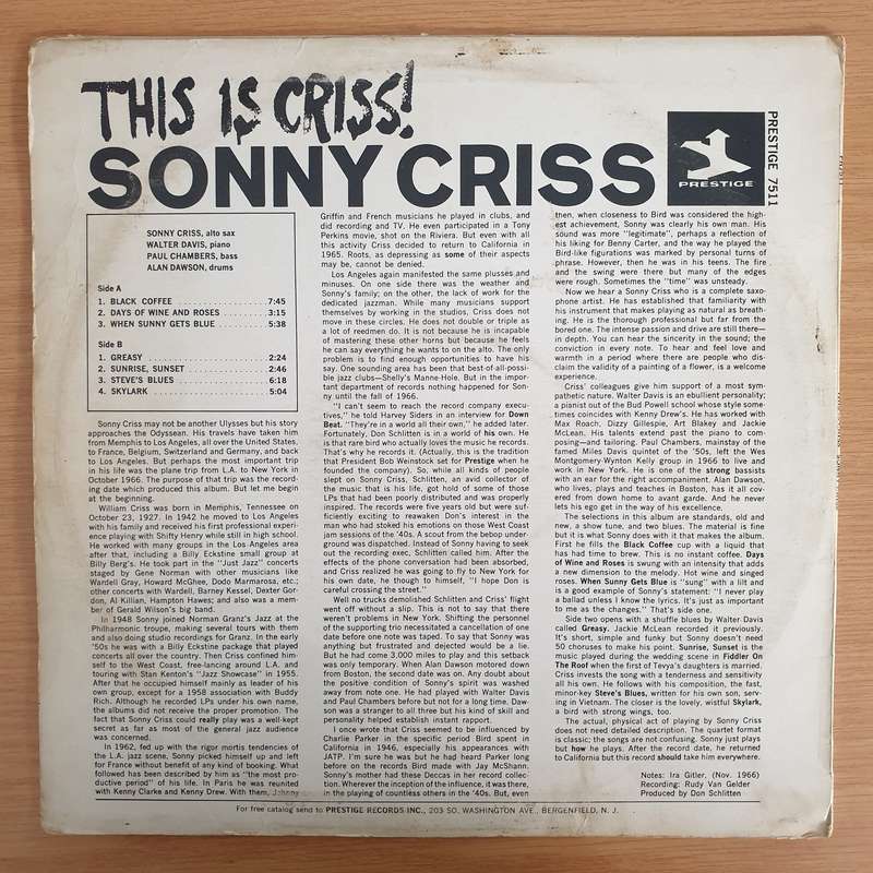 Sonny Criss  This Is Criss! - Vinyl LP Record - Very-Good Quality (VG)  (verry)