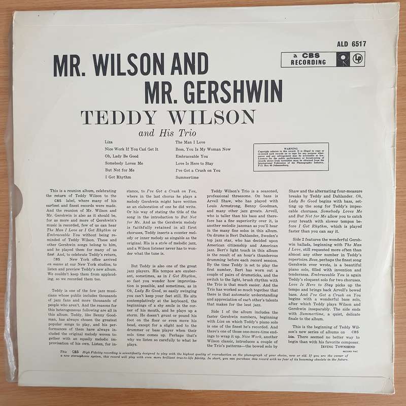 Teddy Wilson And His Trio  Mr. Wilson And Mr. Gershwin - Vinyl LP Record - Very-Good+ Quality ...