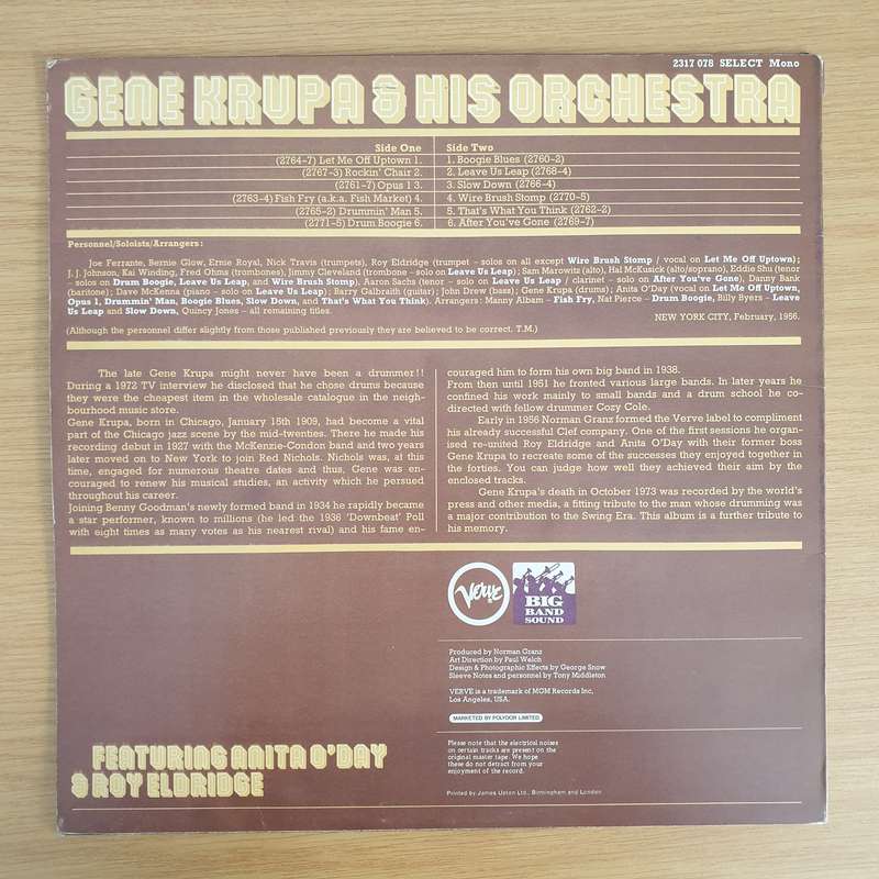 Gene Krupa  The Big Band Sound Of Gene Krupa' - Vinyl LP Record - Very-Good Quality (VG/VG+)  ...