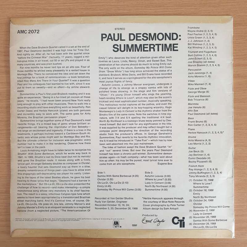 Paul Desmond  Summertime - Vinyl LP Record - Very-Good+ Quality (VG+) (verygoodplus)