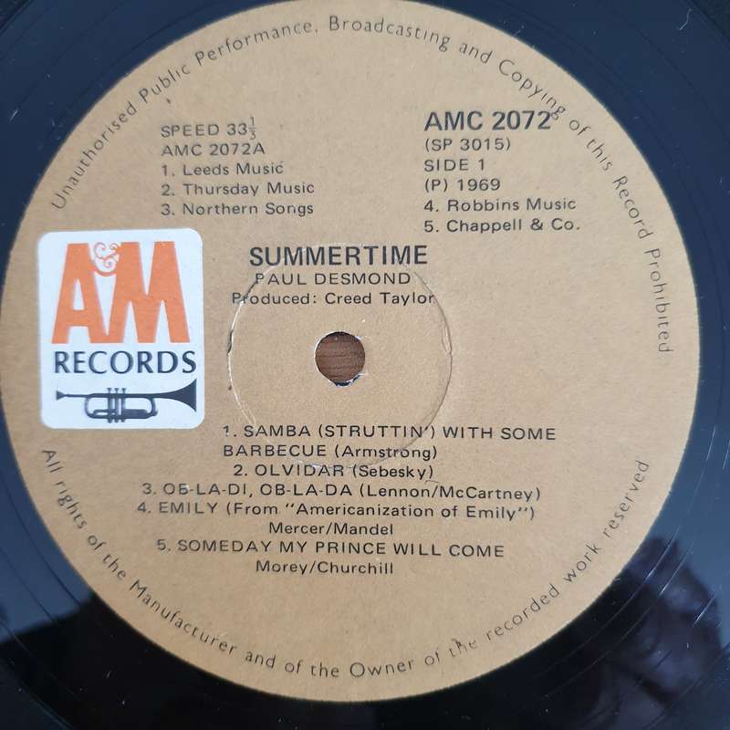 Paul Desmond  Summertime - Vinyl LP Record - Very-Good+ Quality (VG+) (verygoodplus)