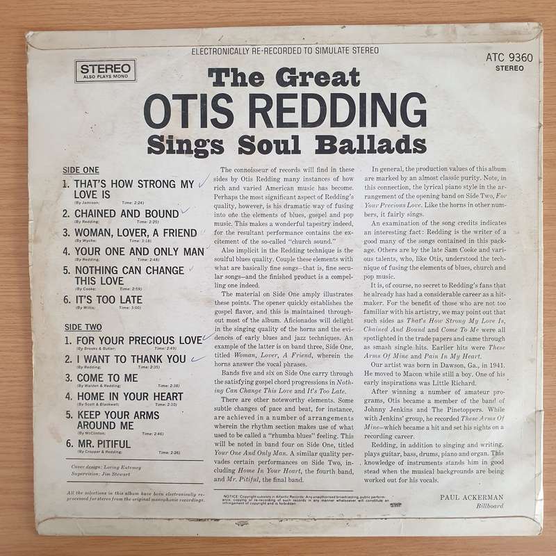 Otis Redding  The Great Otis Redding Sings Soul Ballads - Vinyl LP Record - Very-Good+ Quality...