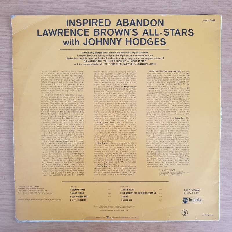 Lawrence Brown's All-Stars With Johnny Hodges  Inspired Abandon (ABCL) - Vinyl LP Record - Goo...