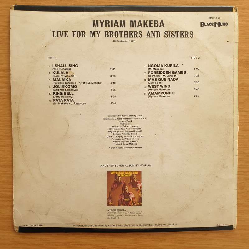 Myriam Makeba  Live for my Brothers and Sisters  Vinyl LP Record - Fair Quality (Fair)