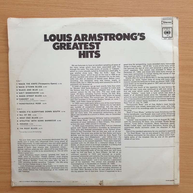 Louis Armstong's Greatest Hits -  Vinyl LP Record - Very-Good+ Quality (VG+)