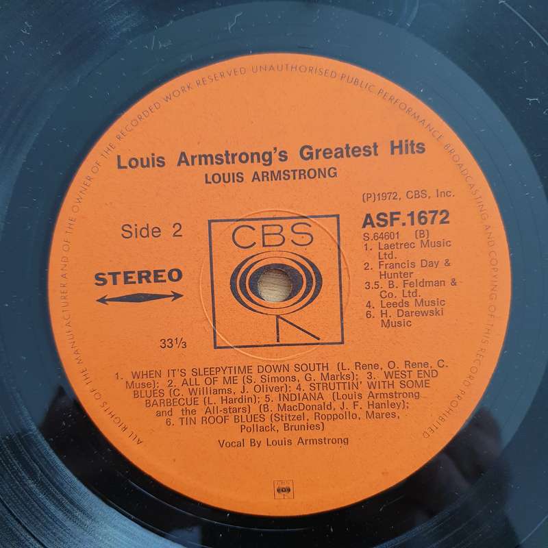 Louis Armstong's Greatest Hits -  Vinyl LP Record - Very-Good+ Quality (VG+)