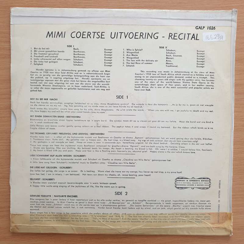 Mimi Coertse  Recital  - Vinyl LP Record - Very-Good+ Quality (VG+) (verygoodplus) (D)
