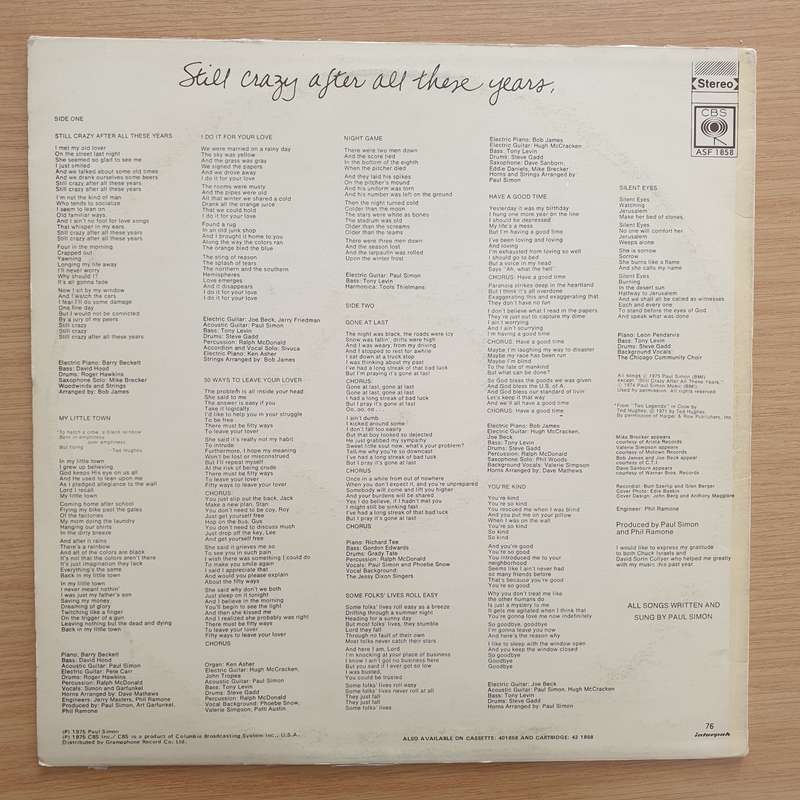 Paul Simon - Still Crazy After All These Years (SA) (with original lyrics inner) - Vinyl LP Recor...