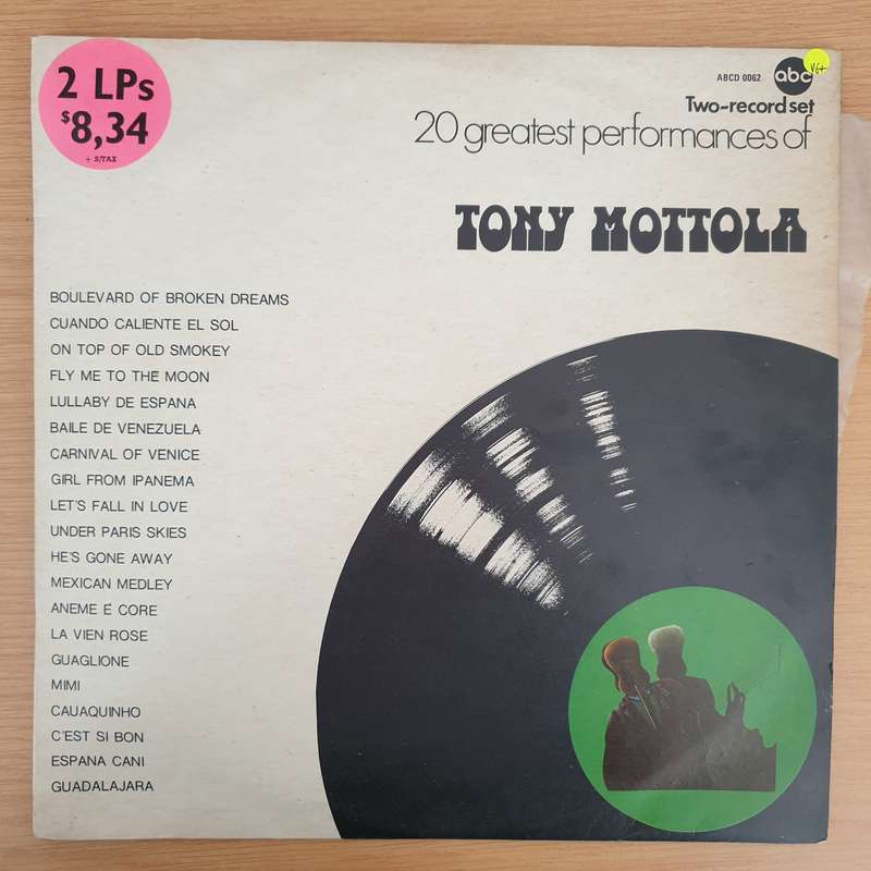 Tony Mottola - 20 Greatest Performances (Rhodesia) -  Double Vinyl LP Record - Very-Good+ Quality...