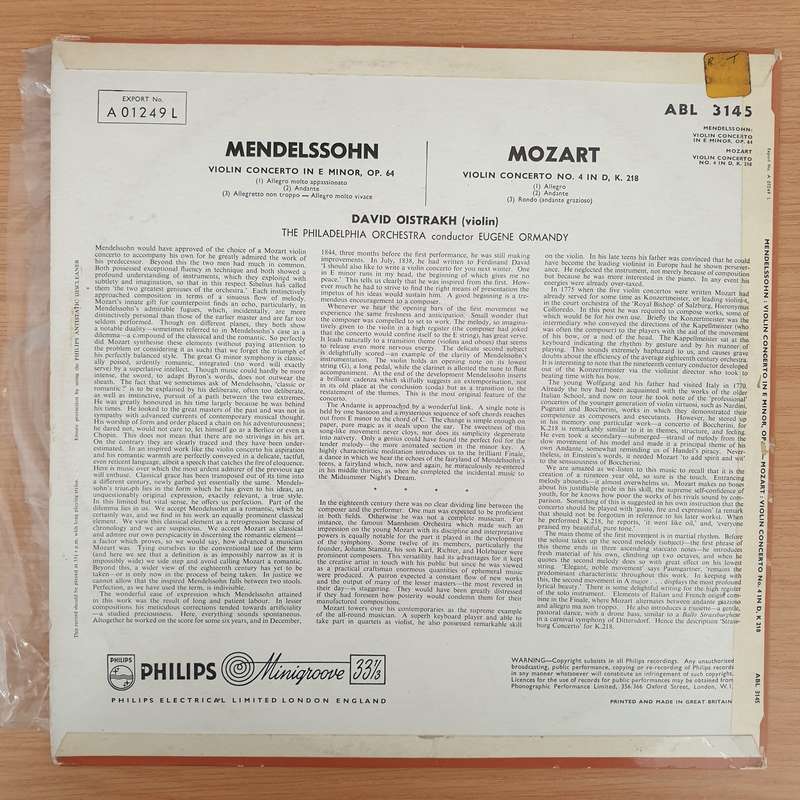 David Oistrakh - Mendelssohn, Mozart - The Philadelphia Orchestra, Eugene Ormandy  Violin Conc...