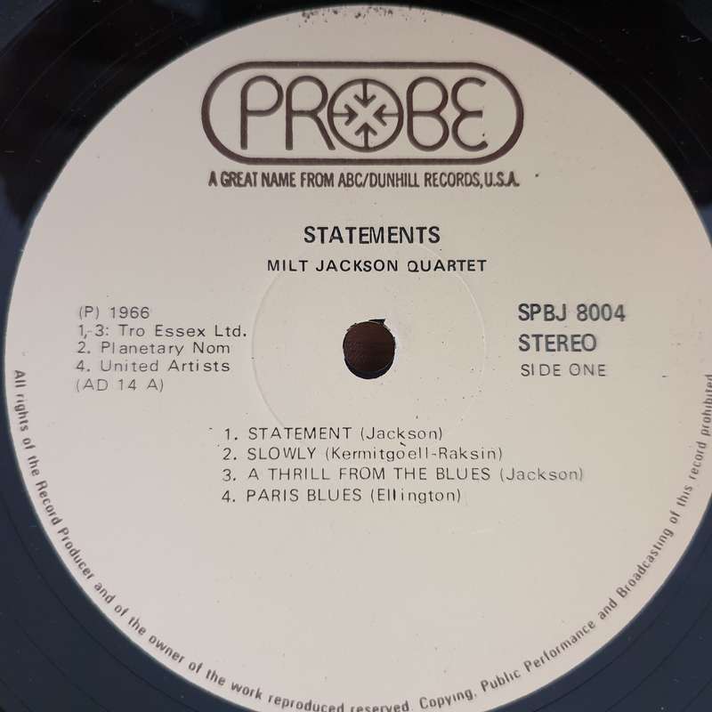 Milt Jackson Quartet  Statements  Vinyl LP Record - Very-Good+ Quality (VG+) (verygoodplus)